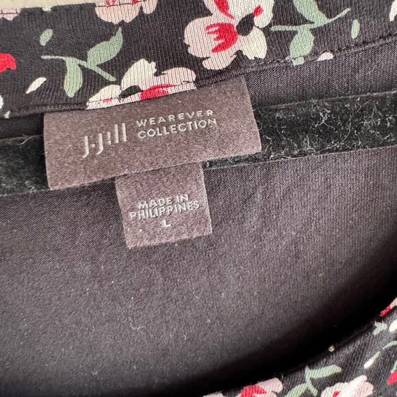 J.Jill Floral Top Blouse Black Red White Round Neck Side Slit 3/4 Sleeve Sz L - Picture 4 of 8